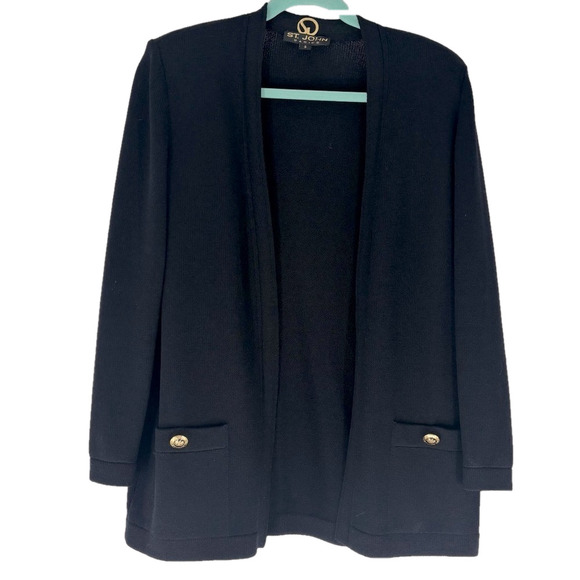 St. John Jackets & Blazers - ST. John Basics Santana knit black open front cardigan jacket button pockets Sm